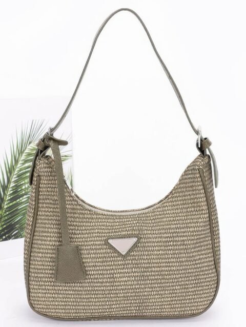 Faux leather shoulder bag in black with woven design and triangle handle – vegan handbag