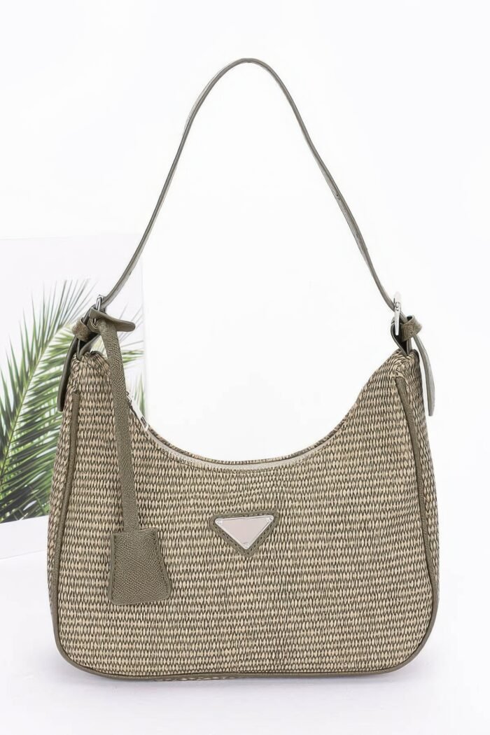 Faux leather shoulder bag in black with woven design and triangle handle – vegan handbag