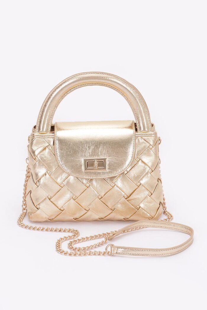 Faux metallic leather braided embossed handle bag - image 1