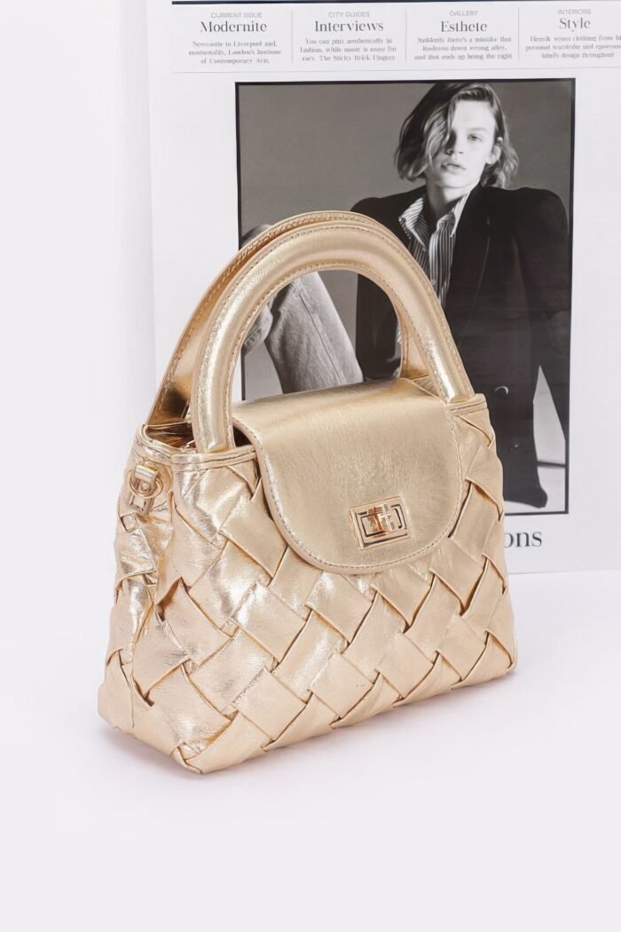 Faux metallic leather braided embossed handle bag - image 2