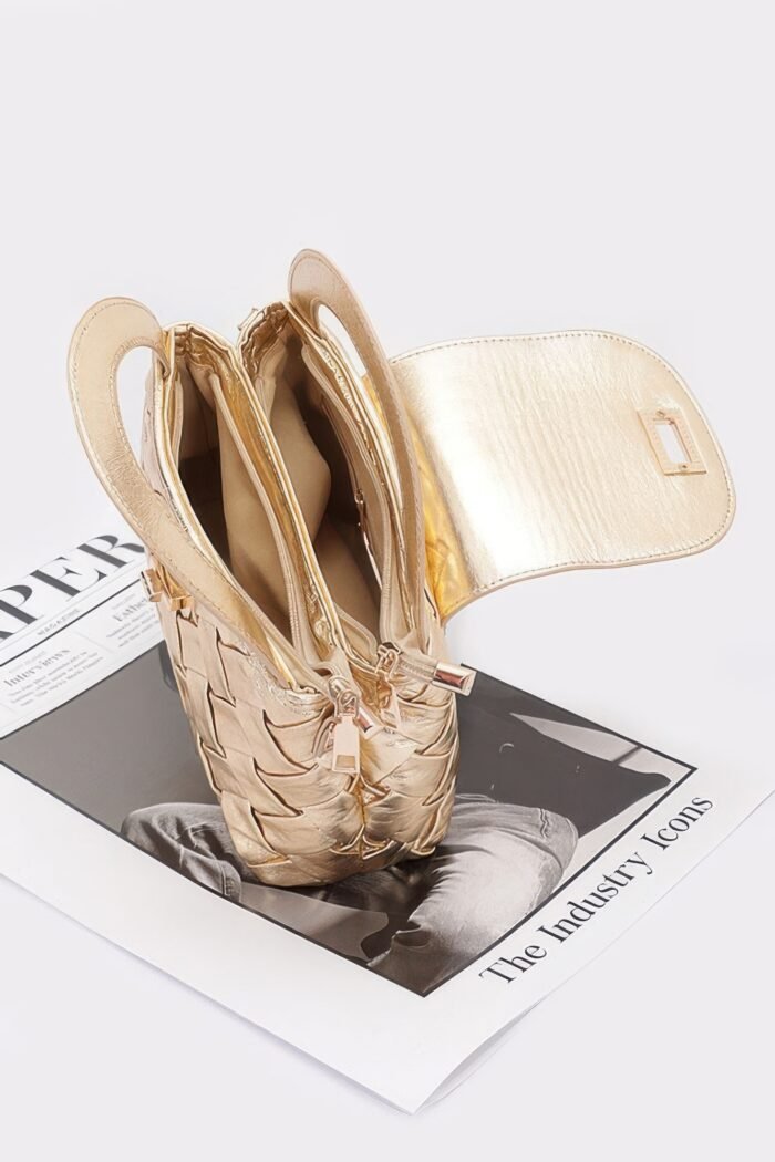 Faux metallic leather braided embossed handle bag - image 3