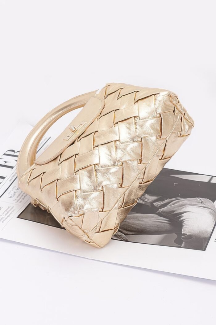 Faux metallic leather braided embossed handle bag - image 4