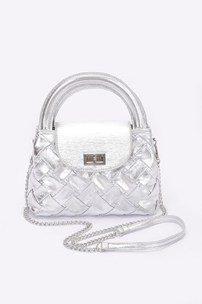 Faux metallic leather braided embossed handle bag - image 6