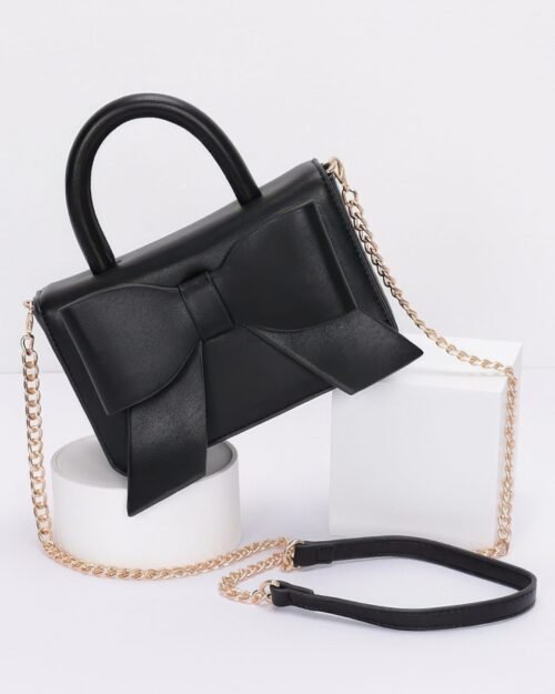 Faux Leather Ribbon Top Handle Bag
