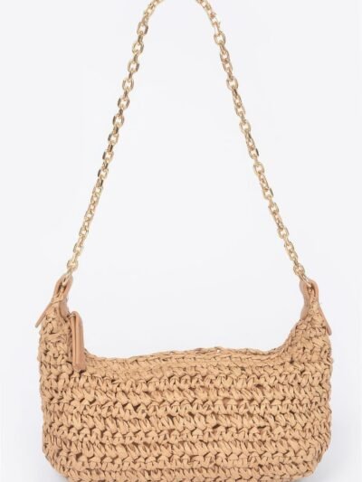 Faux Straw Zip Chain Shoulder Clutch