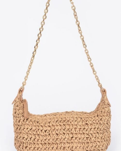 Faux Straw Zip Chain Shoulder Clutch