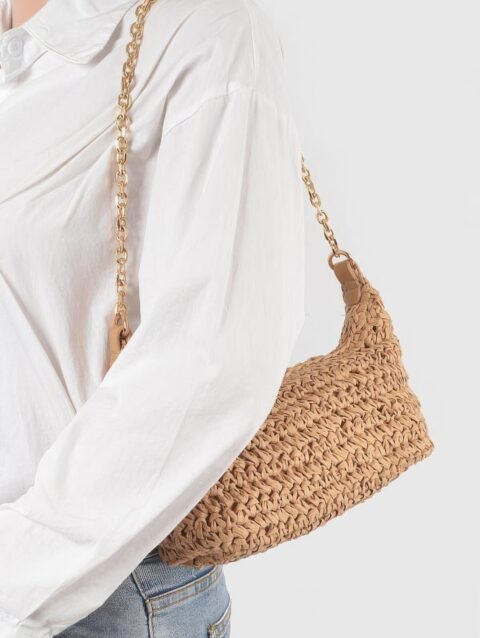 Faux Straw Zip Chain Shoulder Clutch