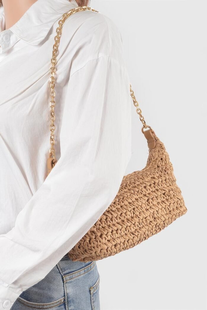 Faux straw zip chain shoulder clutch