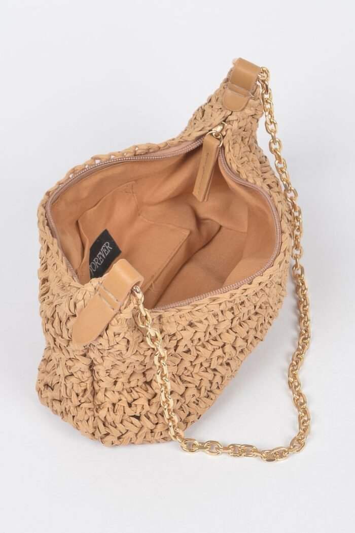 Faux straw zip chain shoulder clutch