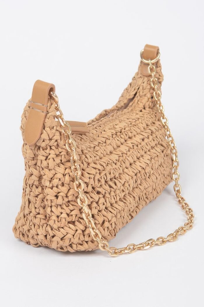 Faux straw zip chain shoulder clutch