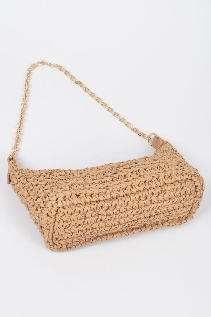 Faux straw zip chain shoulder clutch