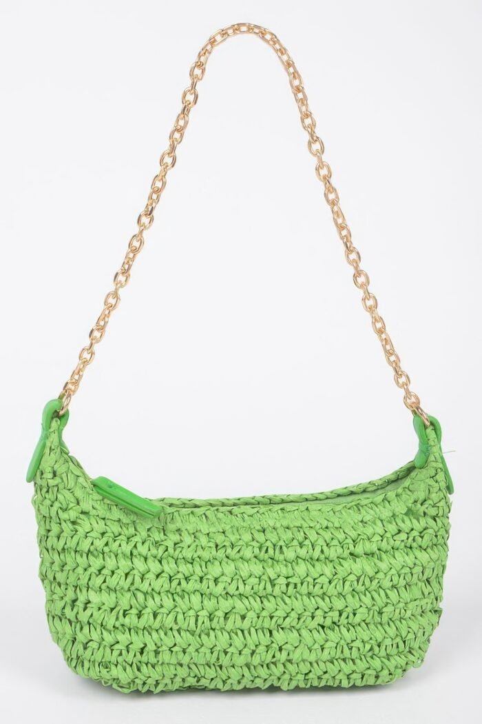 Faux straw zip chain shoulder clutch