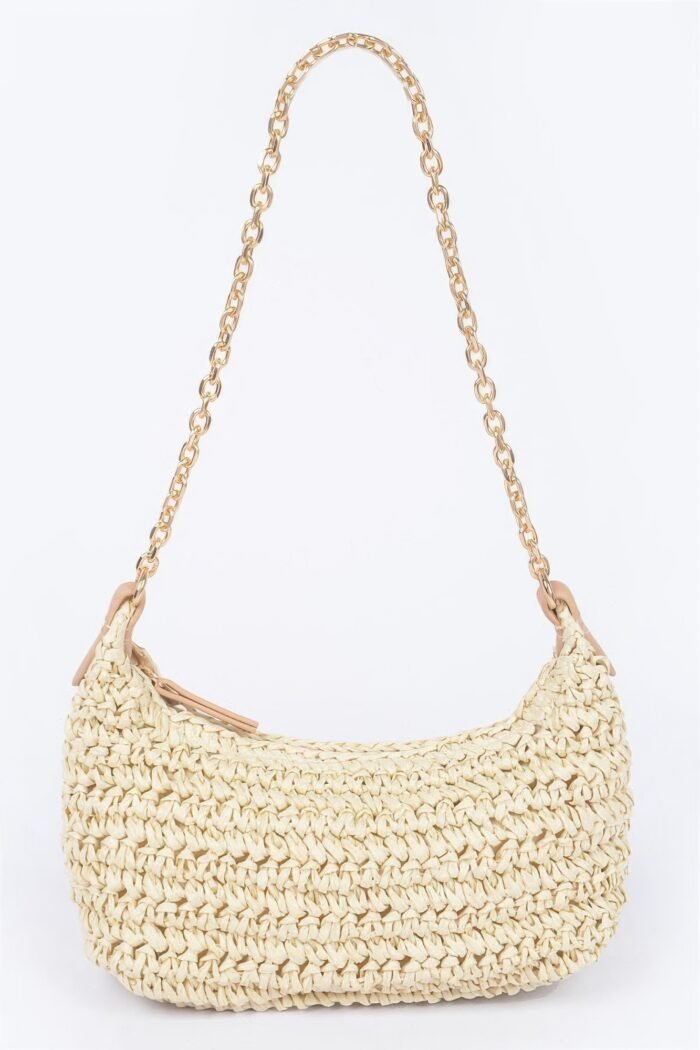 Faux straw zip chain shoulder clutch