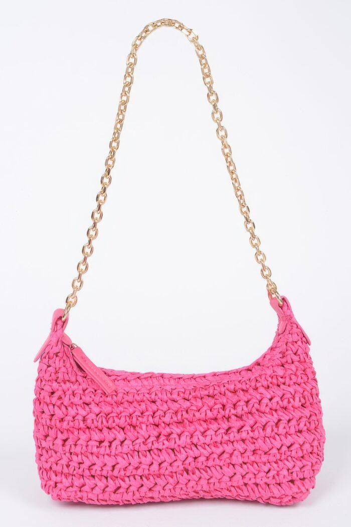 Faux straw zip chain shoulder clutch