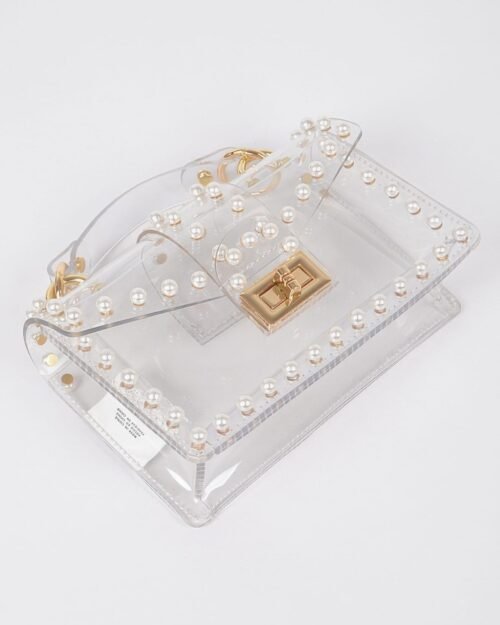 transparent single handle clutch w/faux pearl