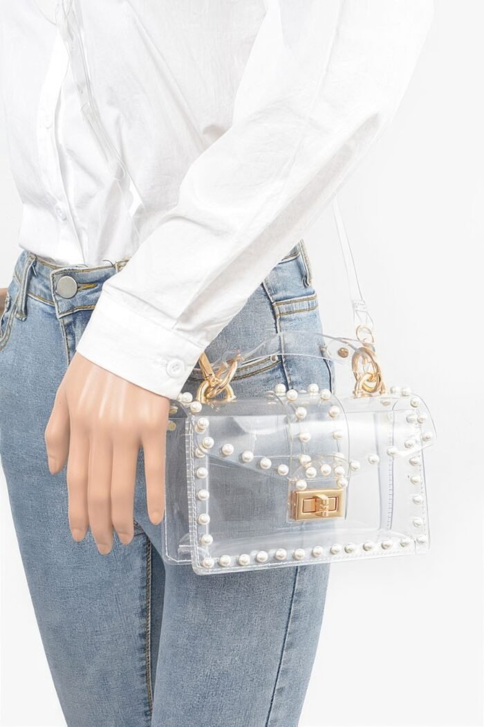Transparent single handle clutch w/faux pearl - image 5