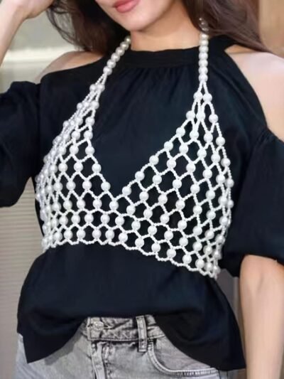 Faux Pearl Halter Neck Top
