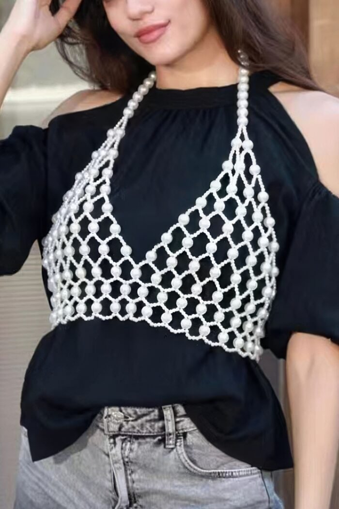 Faux pearl halter neck top