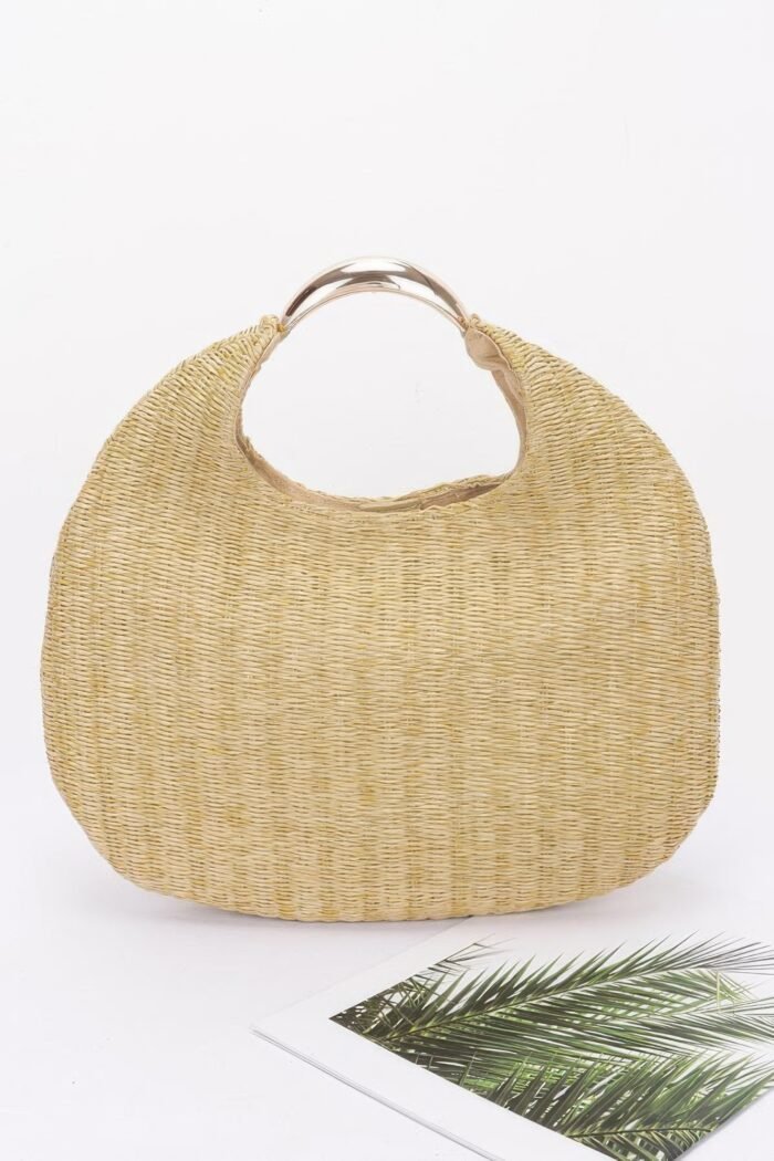 Faux straw metal handle hobo bag