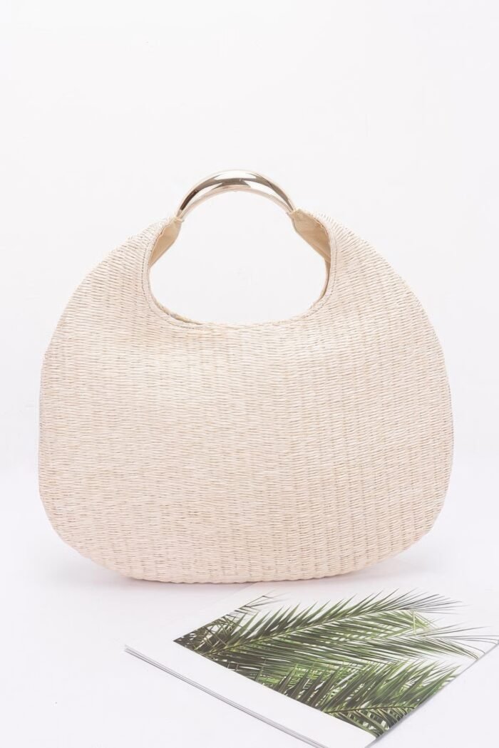 Faux straw metal handle hobo bag