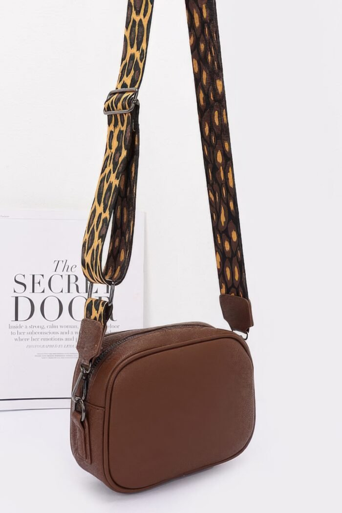 Faux leather camera bag w/leopard strap