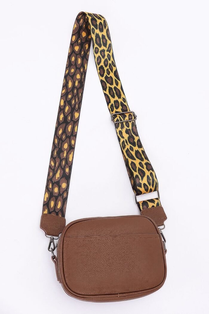 Faux leather camera bag w/leopard strap