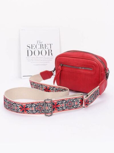 Faux Leather Camera Bag W/multi Color Strap