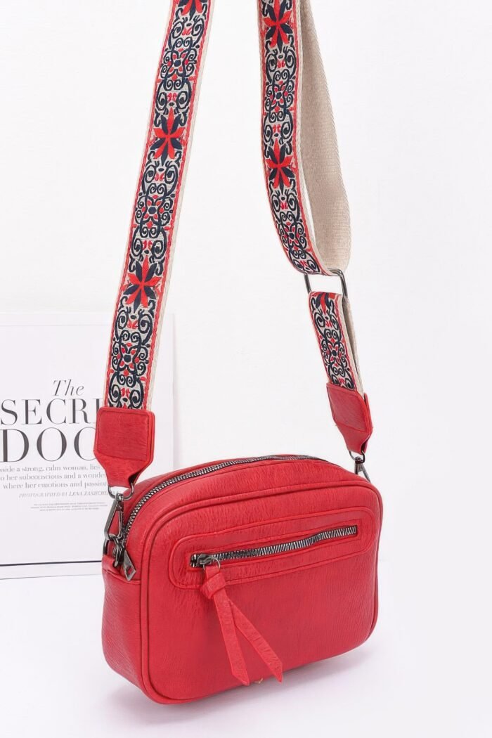 Faux leather camera bag w/multi color strap