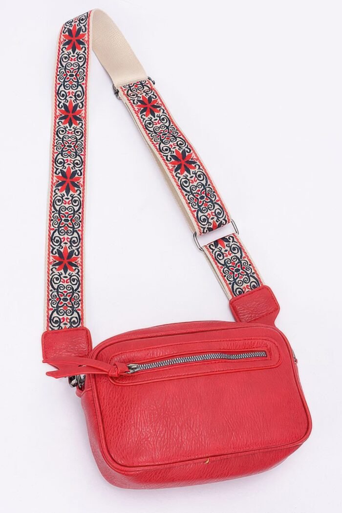 Faux leather camera bag w/multi color strap