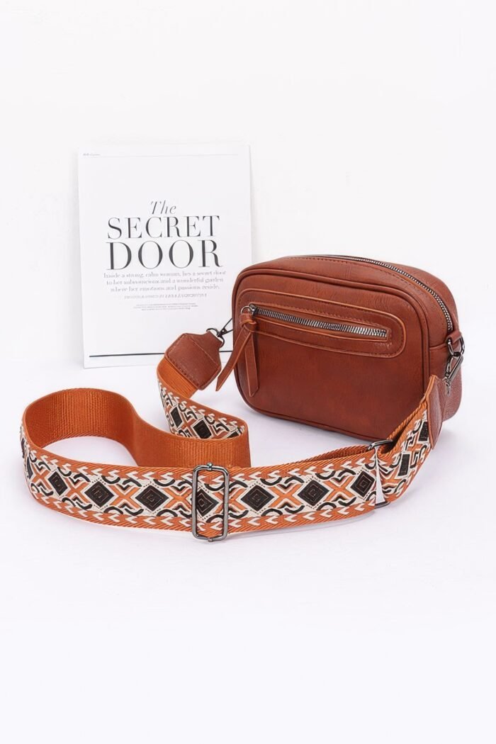 Faux leather camera bag w/multi color strap