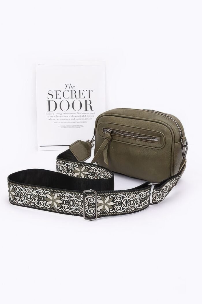 Faux leather camera bag w/multi color strap