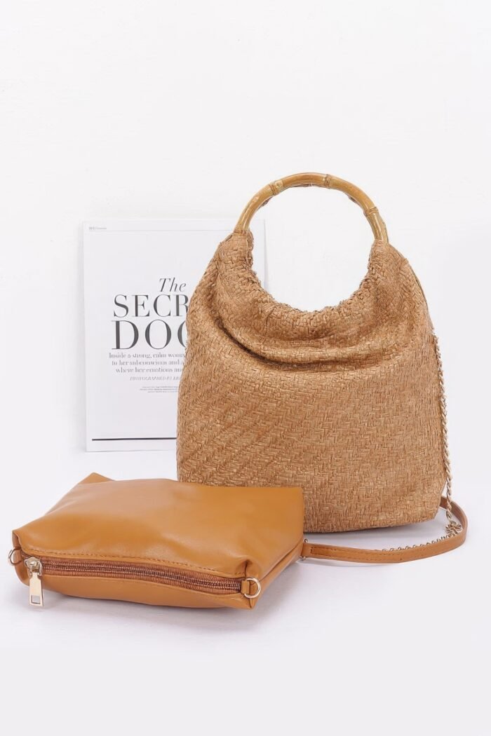 Faux straw bamboo handle handbag