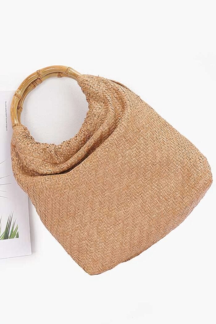 Faux straw bamboo handle handbag