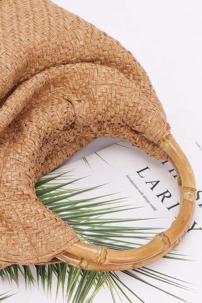Faux straw bamboo handle handbag
