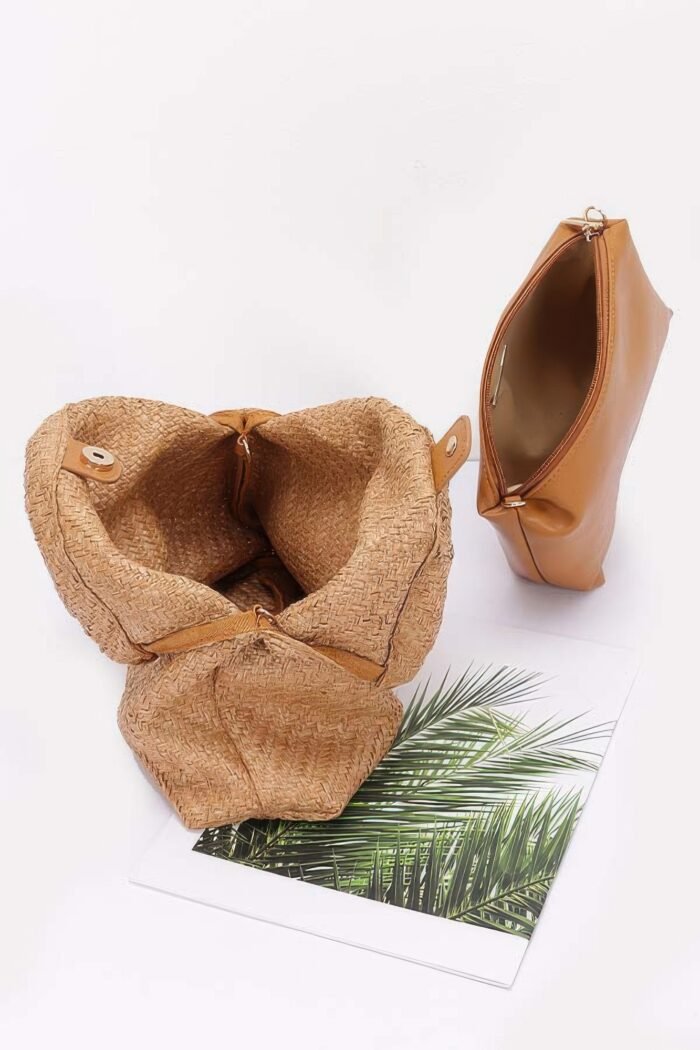 Faux straw bamboo handle handbag