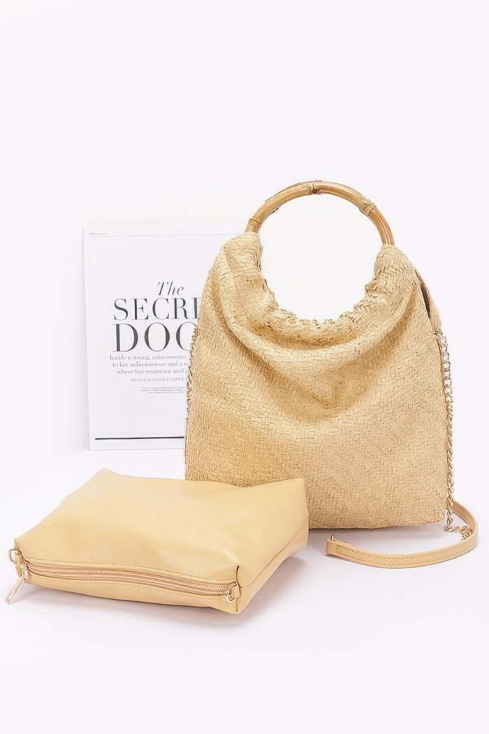 Faux straw bamboo handle handbag