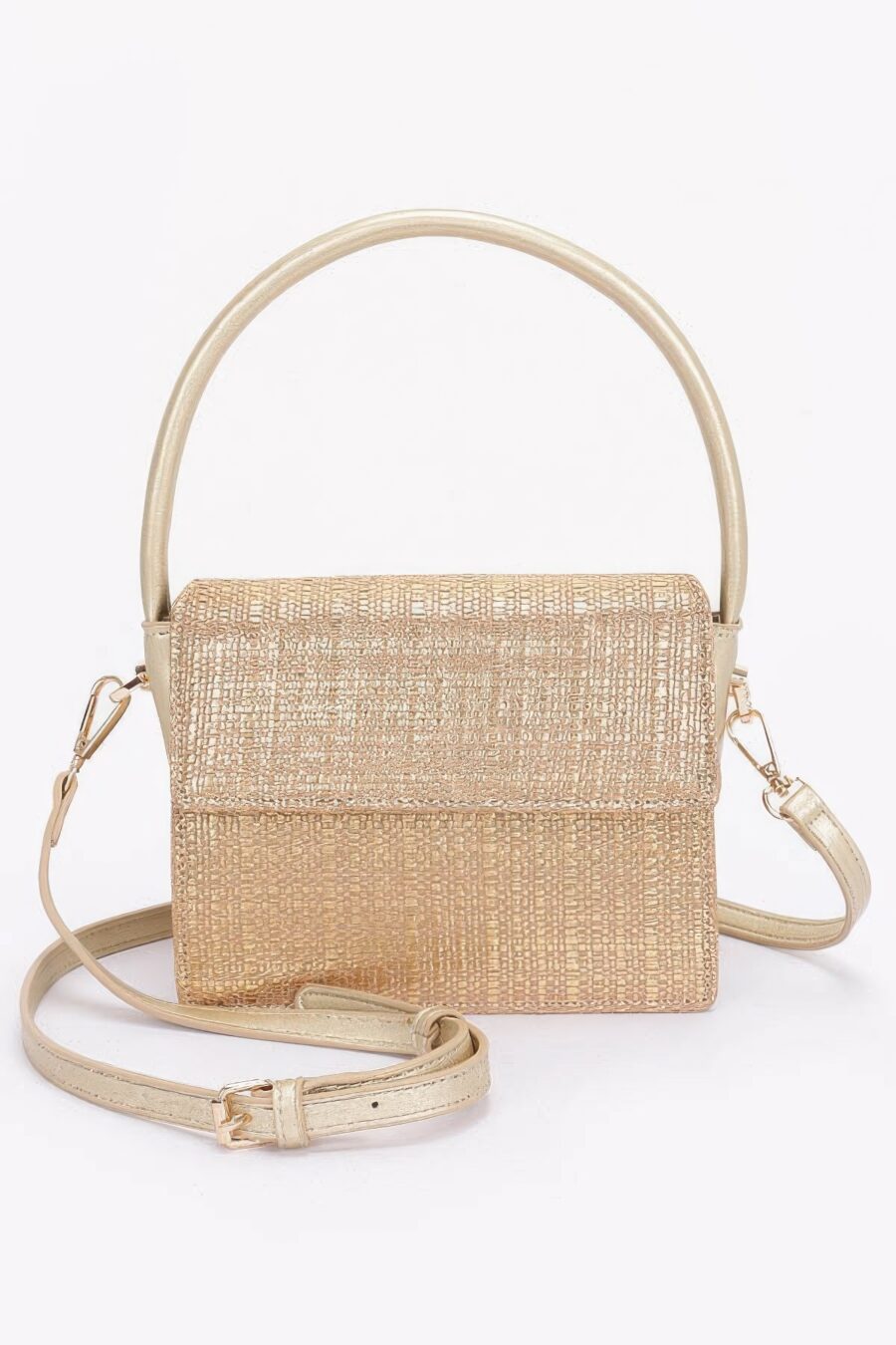 Metallic faux straw top handle bag