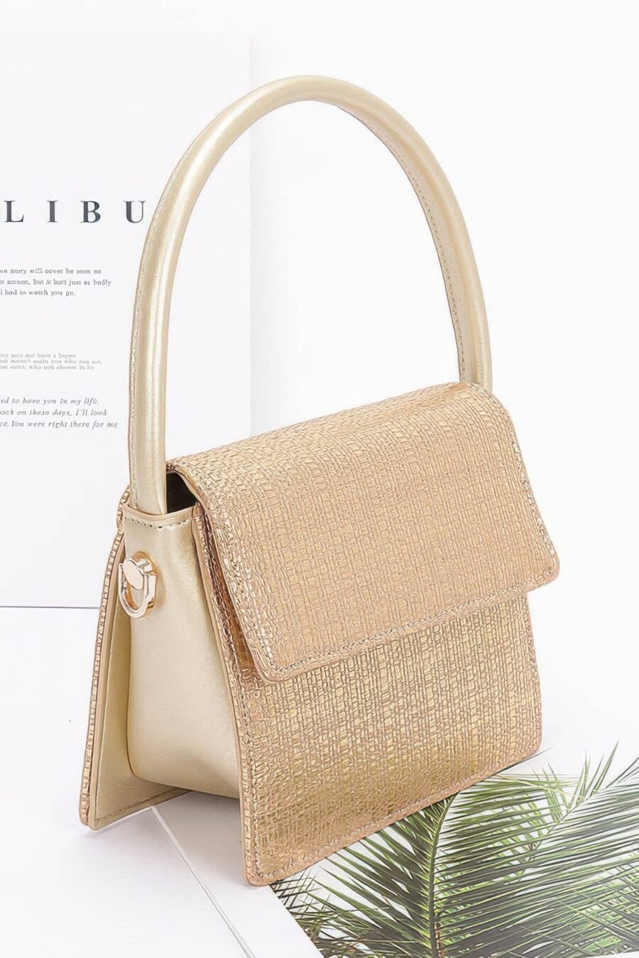 Metallic faux straw top handle bag