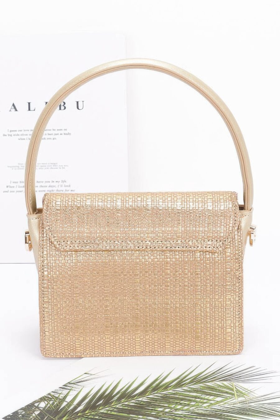 Metallic faux straw top handle bag