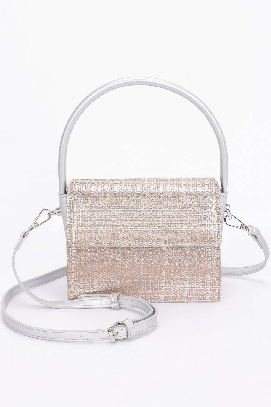 Metallic faux straw top handle bag