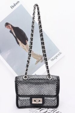Rhinestone Mesh Flap Shoulder Bag