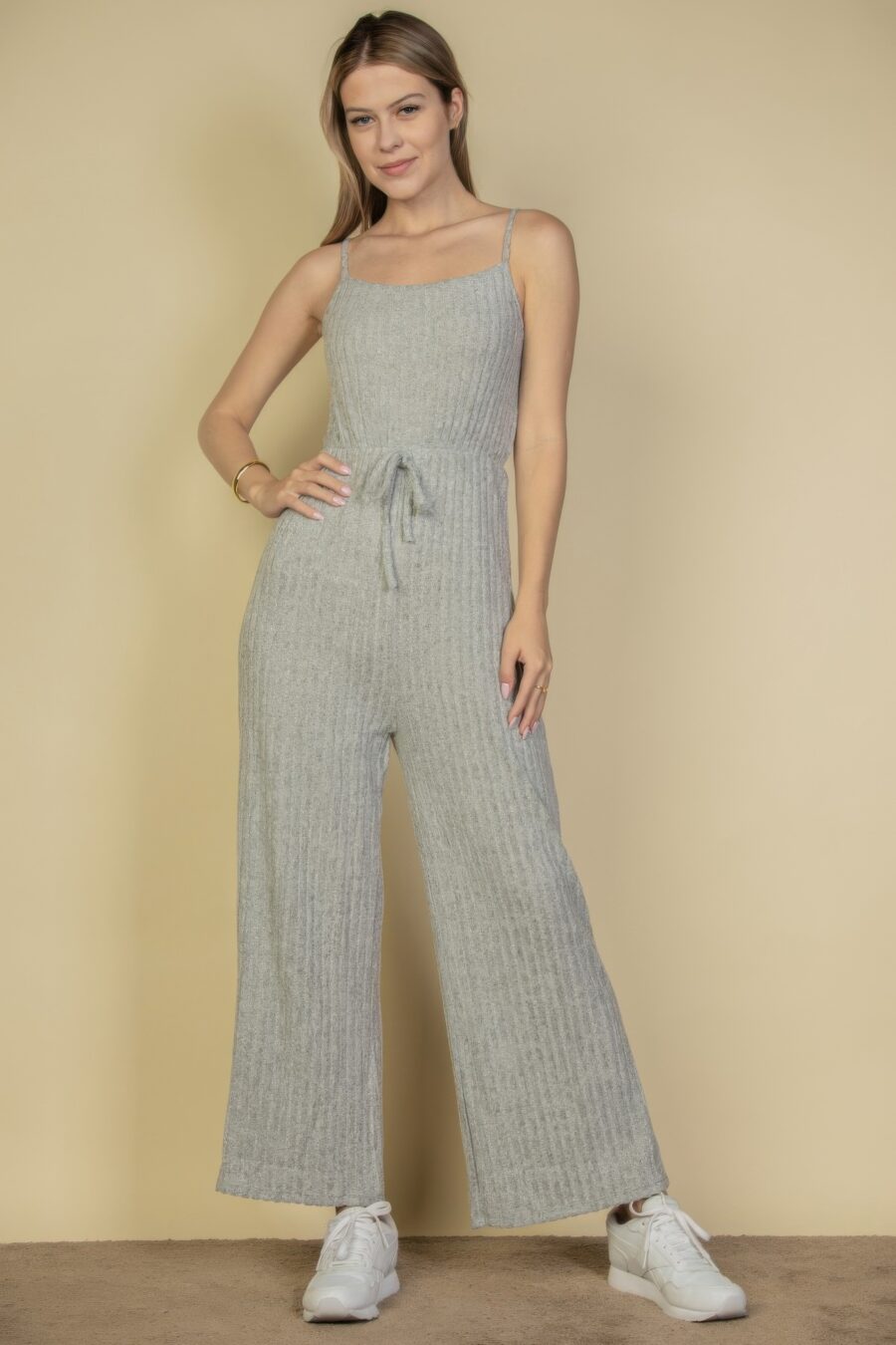 Sweater-knit fuzzy frenchy tie front cami jumpsuit