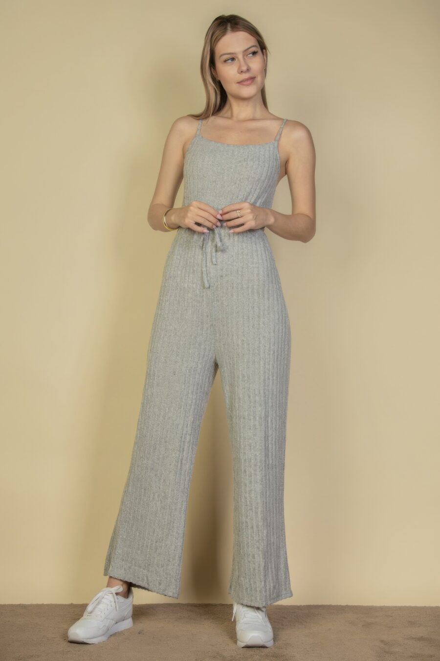 Sweater-knit fuzzy frenchy tie front cami jumpsuit