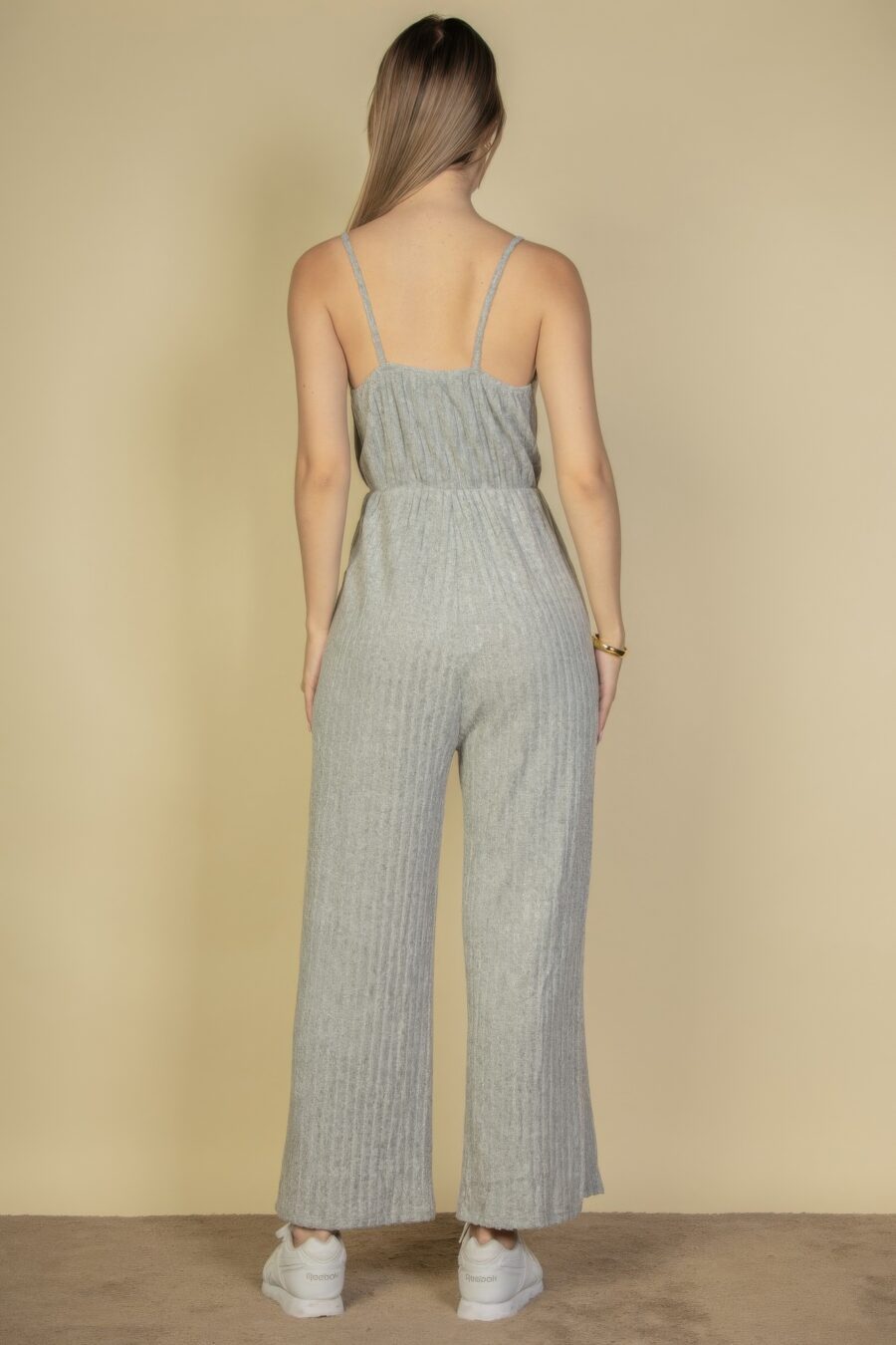 Sweater-knit fuzzy frenchy tie front cami jumpsuit