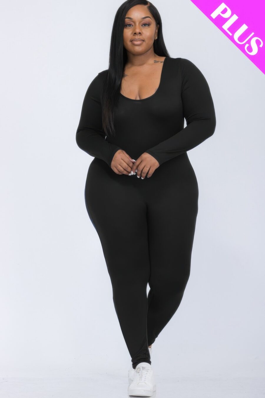 Plus size scoop neck long sleeve bodycon jumpsuit