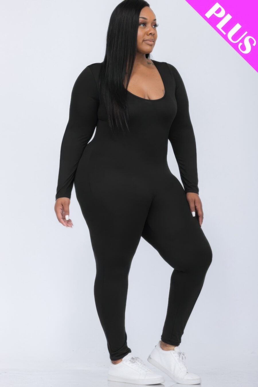 Plus size scoop neck long sleeve bodycon jumpsuit