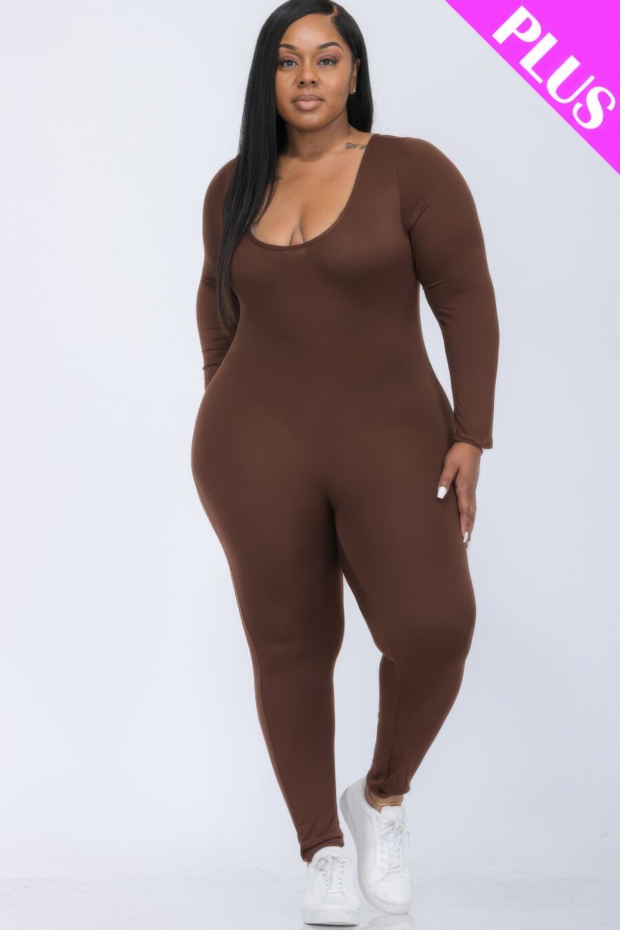 Plus size scoop neck long sleeve bodycon jumpsuit