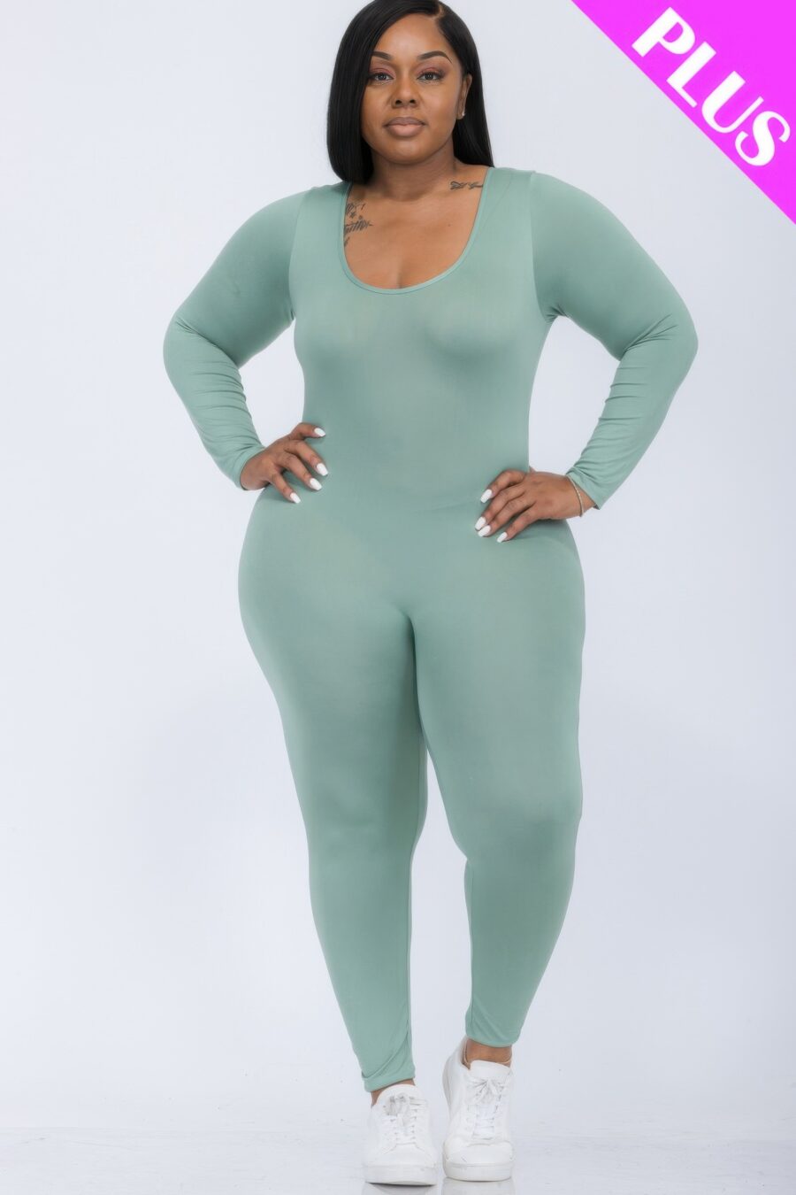 Plus size scoop neck long sleeve bodycon jumpsuit