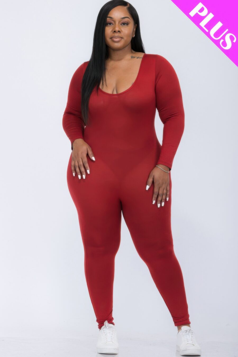 Plus size scoop neck long sleeve bodycon jumpsuit