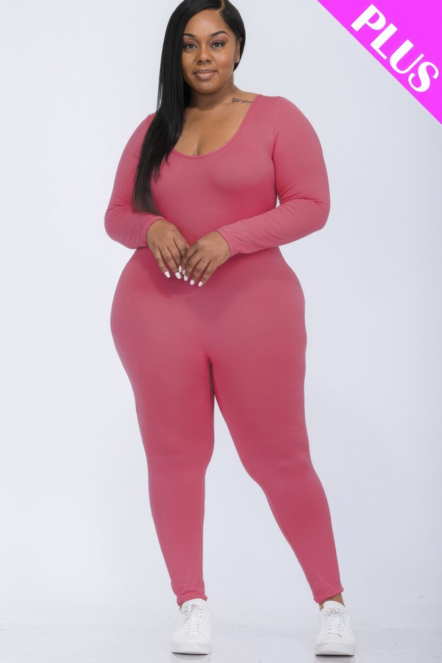 Plus size scoop neck long sleeve bodycon jumpsuit